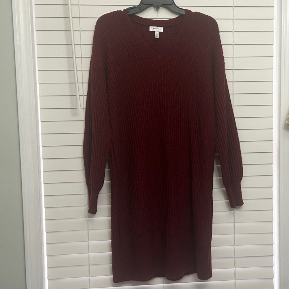 Jessica Simpson Maroon Ribbed Long Sleeve Sweater Dress